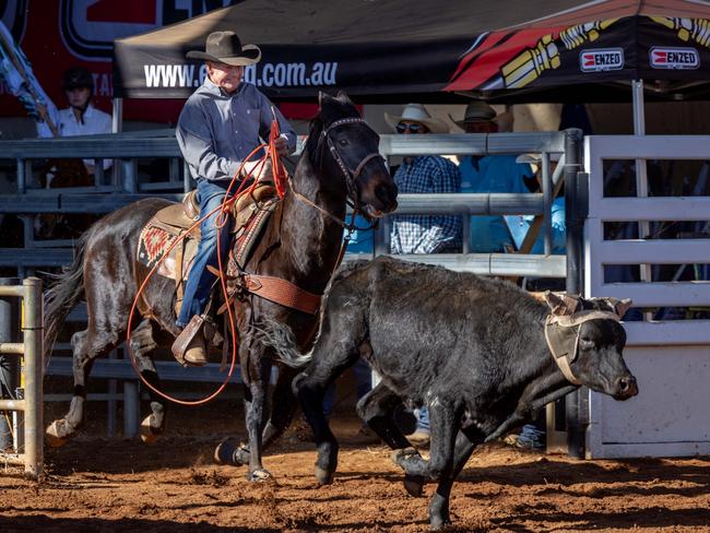 Mount Isa Rodeo 2024 -  Bob Holder, 93, and Tate Smith, 9, competing in the team roping at the Mount Isa Rodeo. Picture by Luke Marsden.