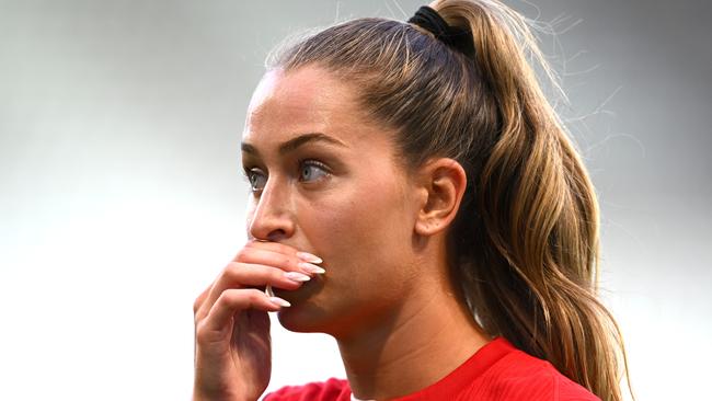 SAINT-ETIENNE, FRANCE - JULY 25: Jordyn Huitema #9 of Team Canada gestures during the Women's group A match between Canada and New Zealand during the Olympic Games Paris 2024 at Stade Geoffroy-Guichard on July 25, 2024 in Saint-Etienne, France. (Photo by Tullio M. Puglia/Getty Images)