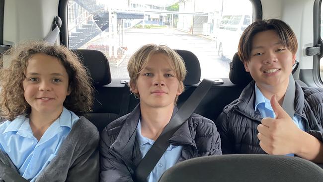 Felix Cameron, Jordy Campbell and Zachary Wan carpool on their way to set in their fictitious school uniforms.