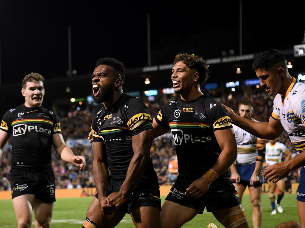 Sunia Turuva celebrates after scoring a try off an Isaah Yeo kick. Picture: NRL Imagery