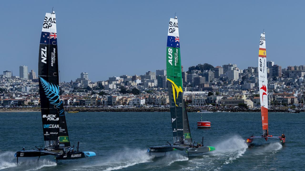 New Zealand, Australia and Spain battle it out in the SailGP Grand Final. Photo: Jed Jacobsohn for SailGP.