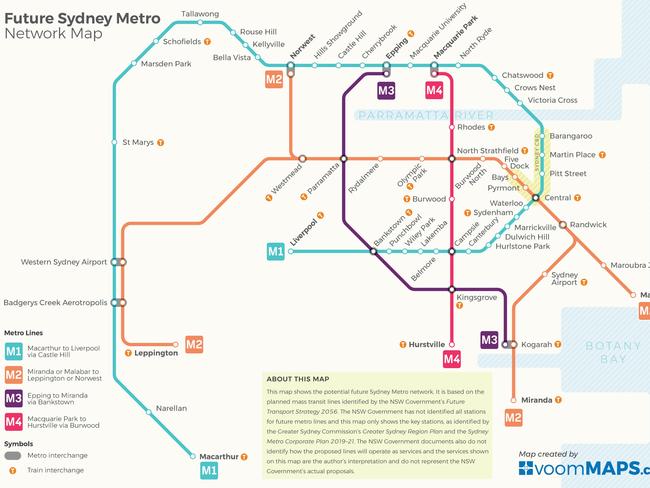 New map from voommaps shows Sydney future Metro rail network.