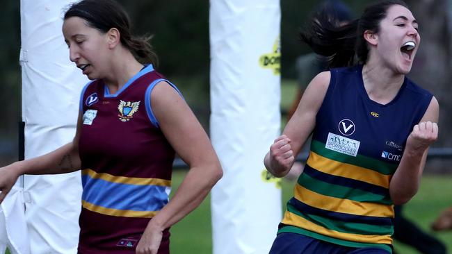 St Kevin’s Margaret Gleeson is pretty happy about the goal she just kicked. Picture: Mark Dadswell