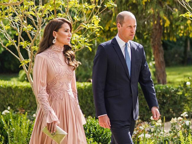 Prince William and Princess Catherine arriving at the Zahran Palace in Amman. Picture: Jordanian Royal Palace / AFP