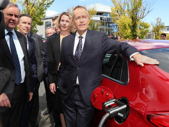 The Leader of the Opposition, Bill Shorten during the launch of Labor's Climate Change Action Plan at ACTEWAGL Electric Car Charging Station in Canberra.He was joined by the Shadow Minister for Infrastructure, Transport, Cities and Regional Development, Anthony Albanese, Shadow Minister for Climate Change and Energy Mark Butler, and LaborÕs candidate for Canberra Alicia Payne. Picture Kym Smith