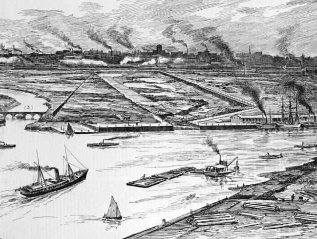 Engraving of Melbourne Dock under construction in 1892. Picture: State Library of Victoria.