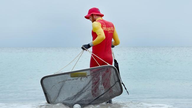 A lifeguard drags a net through the water to look for jellyfish.