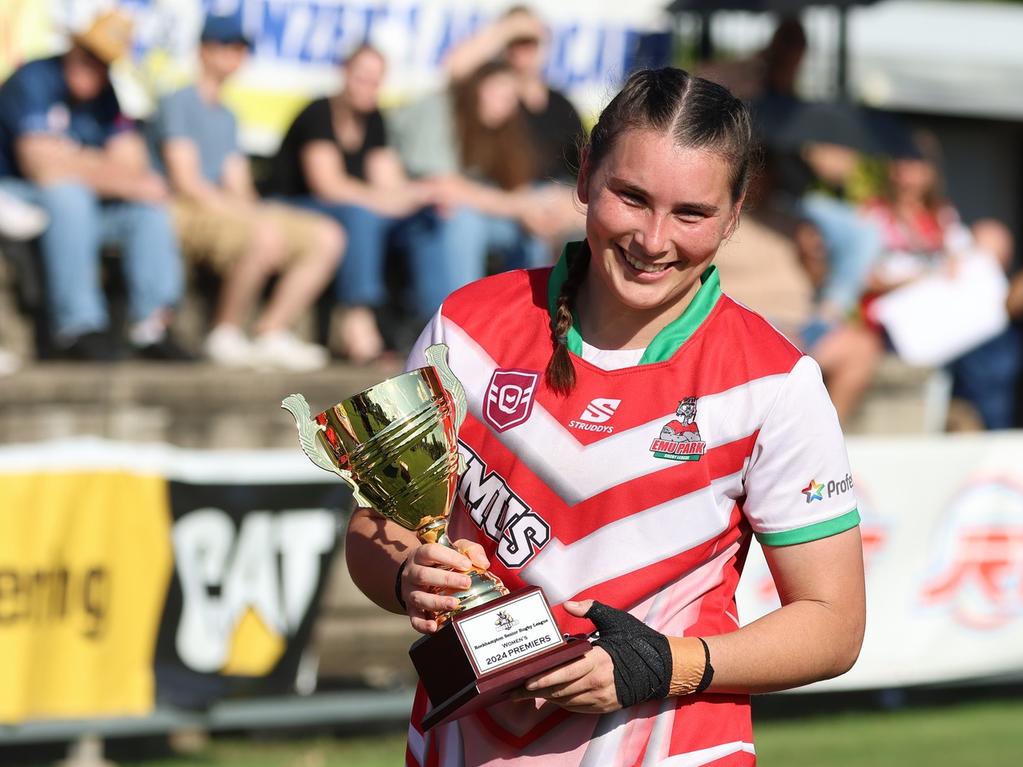 Emu Park captain/coach Sarah Field with the Rockhampton Rugby League senior women's premiership trophy. Photo: Leeann Booth