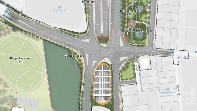 Visual plans for the the Torrens to Darlington Project at the intersection of South Rd and West Thebarton Rd. The West Thebarton Hotel would be demolished and replaced with green space as part of road widening needed for new tunnels. Picture: Department of Infrastructure and Transport