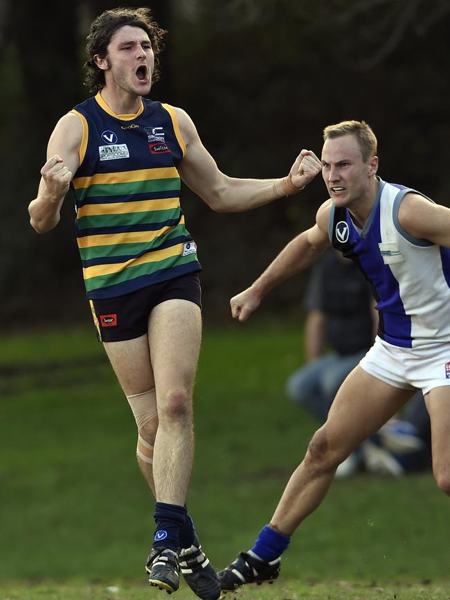 St Kevins man Sean Kennedy celebrates a goal against Mazenod.