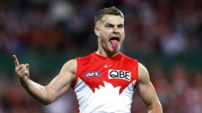 Sydney’s Tom Papley with a trademark goal celebration in the preliminary final. Picture: Phil Hillyard