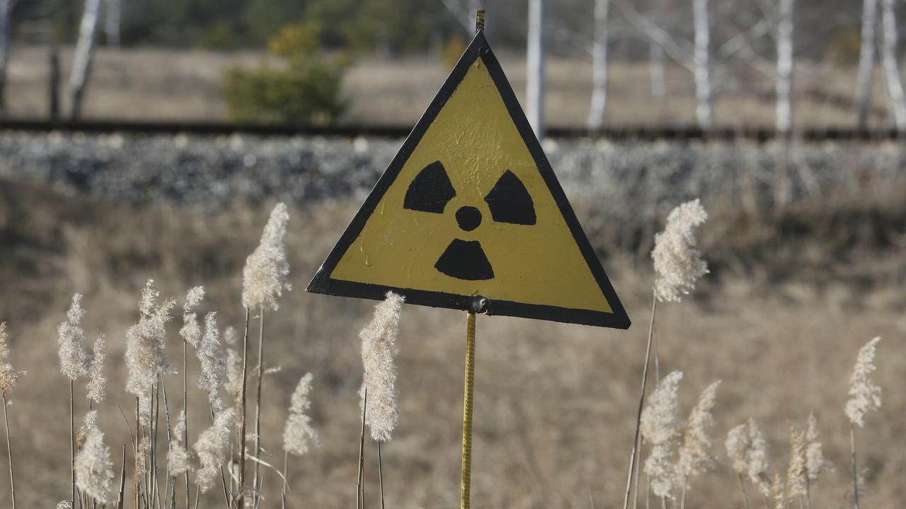 A radiation sign outside the deserted town of Pripyat, some three kilometres from the Chernobyl nuclear power plant in Ukraine. Picture: AP Photo/Efrem Lukatsky