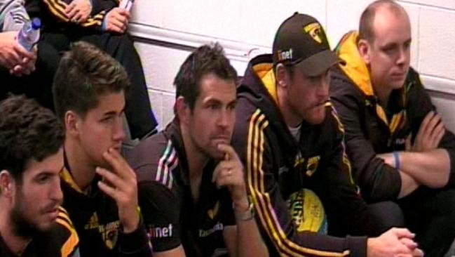 Roughead with injured captain Luke Hodge in the rooms. Picture: Channel 7