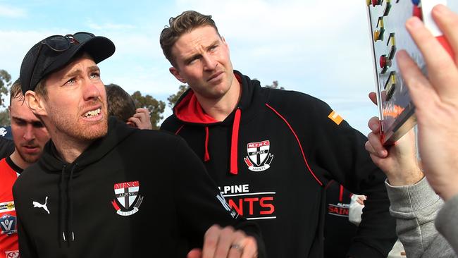 Outgoing Myrtleford co coaches Dawson Simpson, right, and Jake Sharp. Picture: Yuri Kouzmin