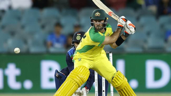 Australia's Glenn Maxwell and his switch-hit against India at Manuka Oval, Canberra. Picture. Phil Hillyard