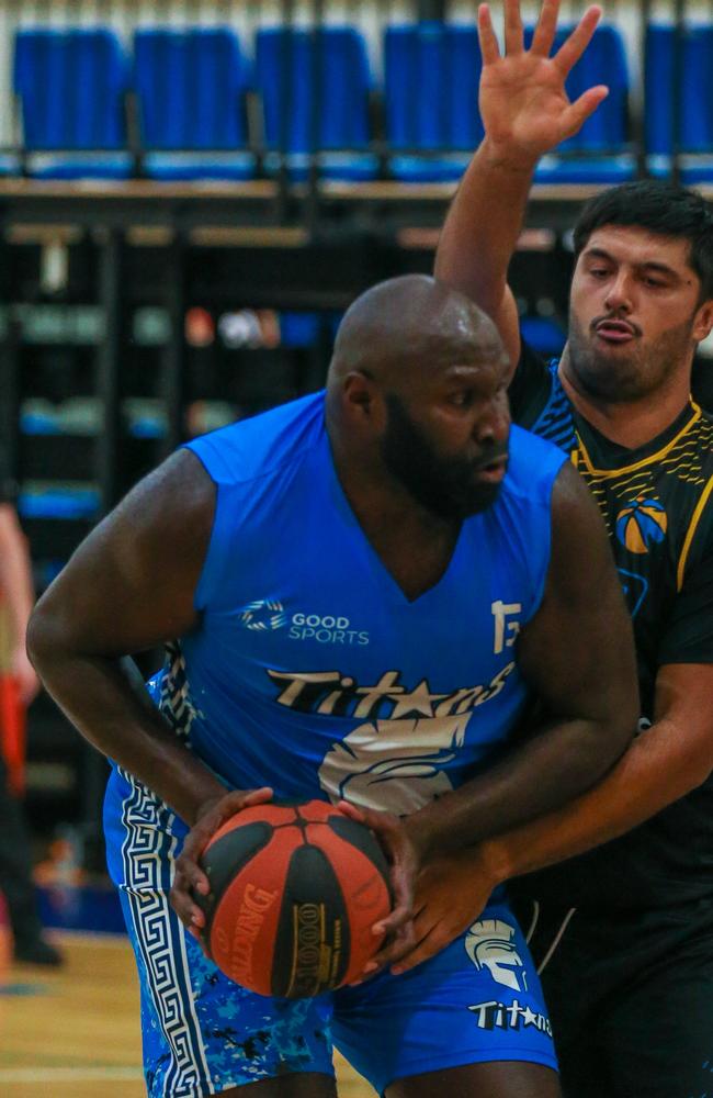 Nathan Jawai playing for Ellas Titans V PaRBA United in the 2022/23 Mens Championship Basketball season. Picture: Glenn Campbell