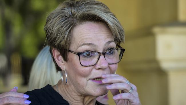 Jan Cleeman reading a prepared statement outside Adelaide District Court following a hearing for Daniel Barry, a truck driver who hit and killed Ms Cleeman’s brother Daryl Adams. Picture: Roy VanDerVegt.