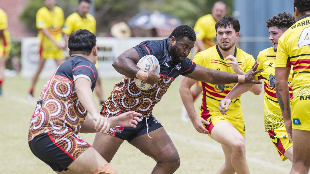 Sailasa Cakau on the move for Toowoomba Warriors against Kambu Warriors at the Toowoomba Warriors Reconciliation Carnival. Picture: Kevin Farmer