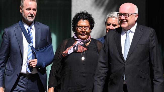 (L-R) Indigenous Affairs Minister Nigel Scullion, newly named Social Justice Commissioner June Oscar, Indigenous Health Minister Ken Wyatt and Attorney-General George Brandis. Picture: AAP.