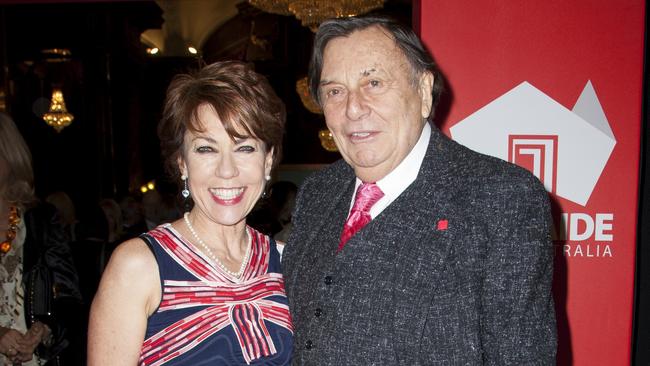 Kathy Lette and Barry Humphries attend a 2013 event to showcase Southern Australia's tourism at Australia House in London. Picture: John Phillips/UK Press via Getty Images