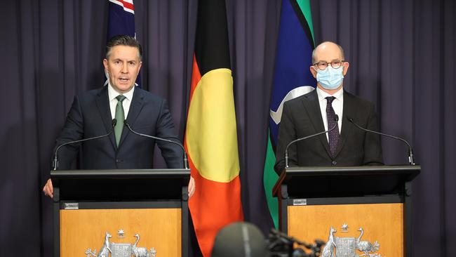 Health Minister Mark Butler and Chief Medical Officer Paul Kelly said they were wearing masks to be leaders, not because it was mandatory. Picture: NCA NewsWire / Gary Ramage