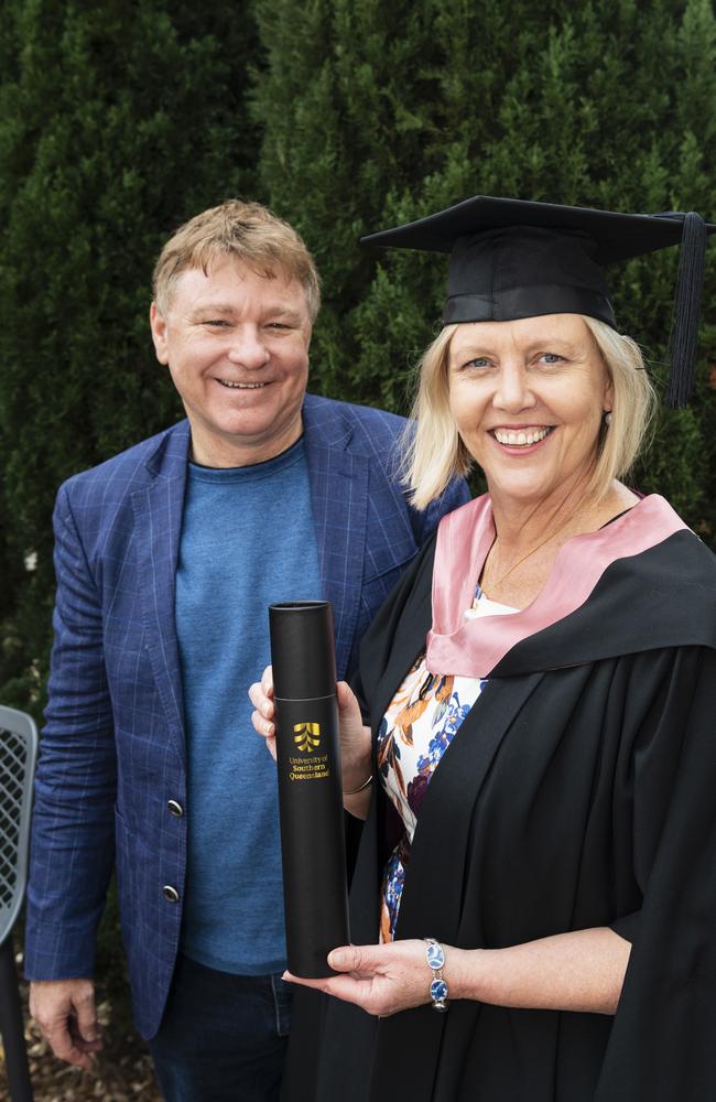 Master of Education (Guidance and Counselling) graduate Sue Allison with Jeff Mrak at a UniSQ graduation ceremony at The Empire, Tuesday, June 25, 2024. Picture: Kevin Farmer