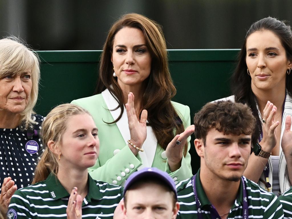 Catherine, Princess of Wales is seen with Deborah Jevans and Laura Robson (R) as they applaud during the Women's Singles first round match between Katie Boulter of Great Britain and Daria Saville of Australia. Picture: Mike Hewitt/Getty Images