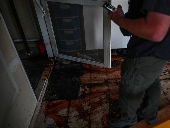 Blood covers the floor of a house in the Be’eri kibbutz. Picture: Alexi J. Rosenfeld/Getty Images