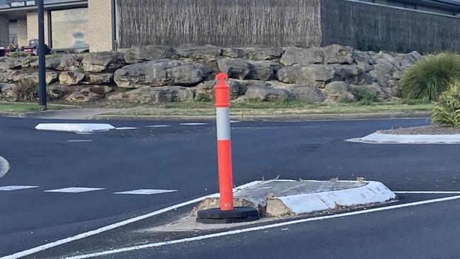 A hoon driver damaged the Conroe Dr and Bluebell Rd roundabout smashing up the surrounding concrete infrastructure. Picture: Arj Ganesan