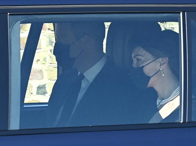 Britain's Prince William, Duke of Cambridge and Britain's Catherine, Duchess of Cambridge arrive for the funeral service of Britain's Prince Philip. Picture: AFP