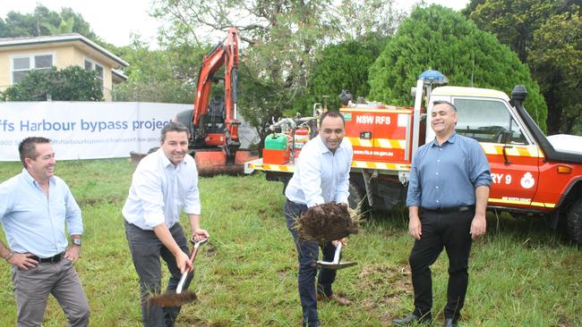 NSW Roads Minister Paul Toole, Cowper MP Pat Conaghan, Coffs Harbour MP Gurmesh Singh and Deputy Premier John Barilaro turn the first sod marking the official "beginning" of the Coffs Harbour bypass project.