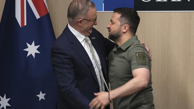 12-07-2023 - Prime Minister Anthony Albanese meets with President of Ukraine, Volodymyr Zelensky at the NATO Summit in Vilnius, Lithuania. Picture: Jacquelin Magnay / The Australian