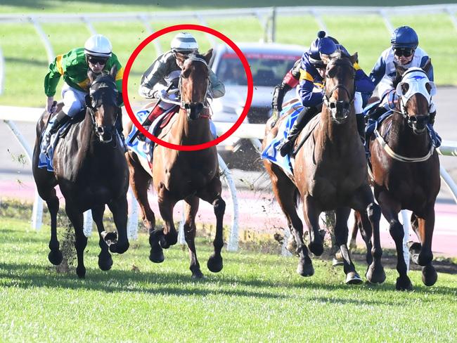 Charmed Run (circled) was held up at a crucial stage last start but can make amends at Caulfield on Saturday. Picture: Racing Photos