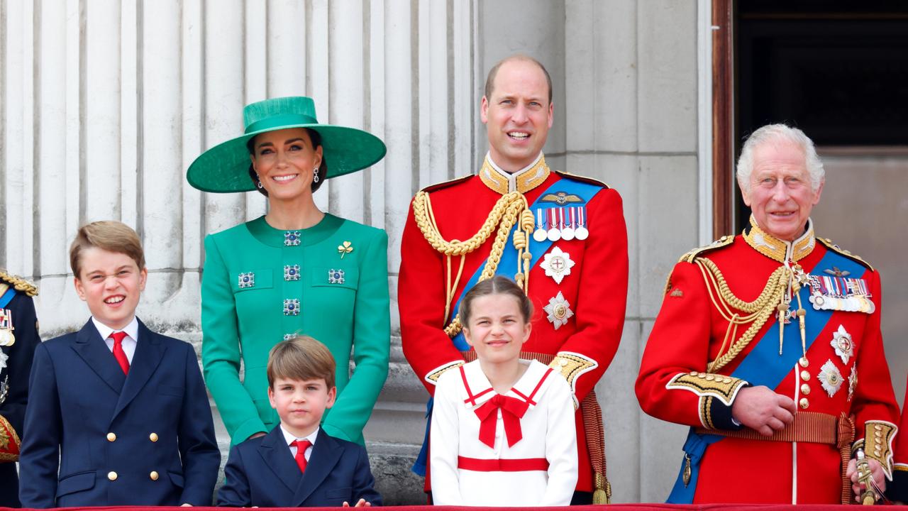 Prince George of Wales, Catherine, Princess of Wales, Prince Louis of Wales, Princess Charlotte of Wales, Prince William, Prince of Wales and King Charles III on the balcony of Buckingham Palace during Trooping the Colour on June 17, 2023. Picture: Getty