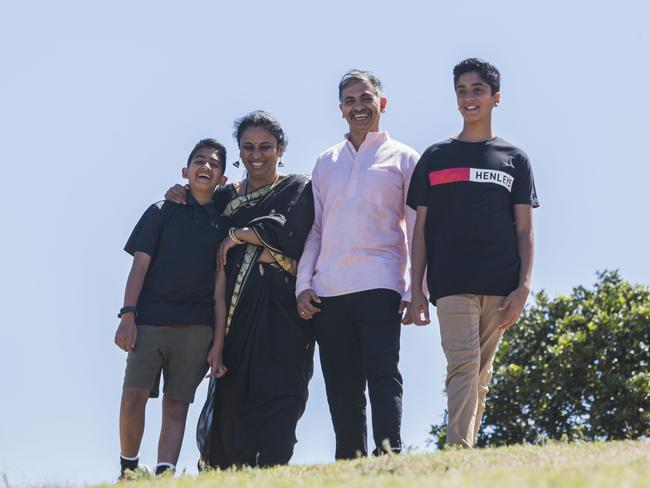 Soon-to-be Australian Citizens Vilas Kovai, Mangalagouri Kovai and sons Mohnish 14, (right) and Soham, 11. Picture; Matthew Vasilescu