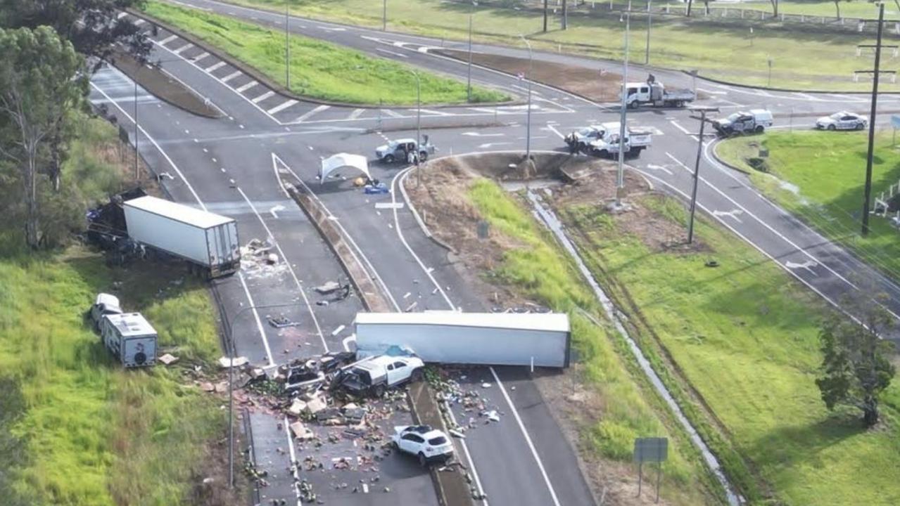 An aerial view of the site of the triple fatal at the intersection of Walker St and the Bruce Highway in Maryborough.