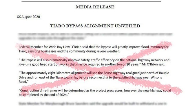 The proposed press release speaking in favour of the Tiaro bypass.