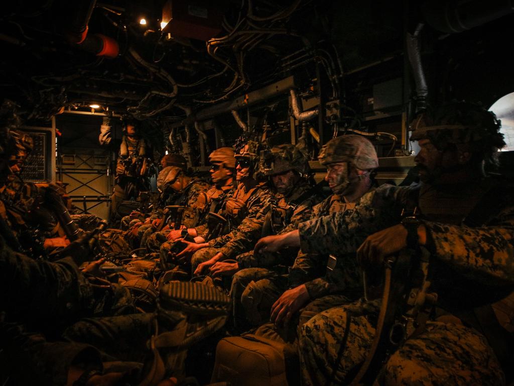 US Marines depart Nackaroo Airfield aboard an MV-22 Osprey following exercise Loobye. Picture: Glenn Campbell