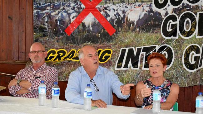 Rockhampton MP and Queensland Agriculture Minister Bill Byrne, Livingstone mayor Bill Ludwig and One Nation Party leader Pauline Hanson. Picture: Kerri-Anne Mesner