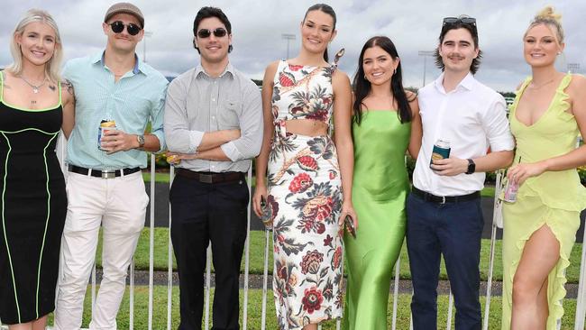 Emma Grehan, Arch Horton, Matt Henricks, Katya Dziduch, Mollie Lewis, Sean Phelan and Cian Thomas at Melbourne Cup Race Day, Caloundra. Picture: Patrick Woods.