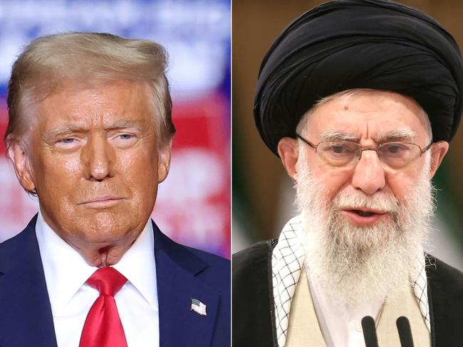 (COMBO) This combination of pictures created on November 07, 2024 shows former US President and Republican presidential candidate Donald Trump (L) looks on during a campaign rally at PPG Paints Arena in Pittsburgh, Pennsylvania on November 4, 2024, and Iran's supreme leader Ayatollah Ali Khamenei (R) speaks after casting his ballot during the runoff presidential election in Tehran on July 5, 2024. After Donald Trump's re-election, Iran has projected indifference, officially stating it expects no fundamental shift in US policy, especially on sanctions or the Middle East's wars. Iran on November 7, 2024 called Donald Trump's victory in the US presidential election an opportunity for the United States to reassess past 