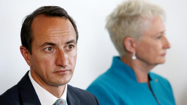 Wentworth by-election Liberal candidate Dave Sharma is flanked independent Kerryn Phelps at a debate at Bondi Surf Club today. Sharma says he was “appalled” at the treatment meted out to former PM Turnbull. Picture: Hollie Adams/The Australian