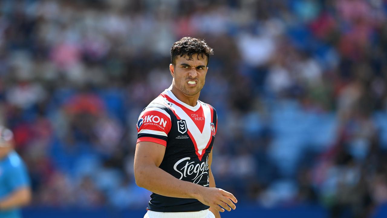 Suaalii was put on report for a late tackle in the Roosters clash against the Warriors. Credit: NRL Images.