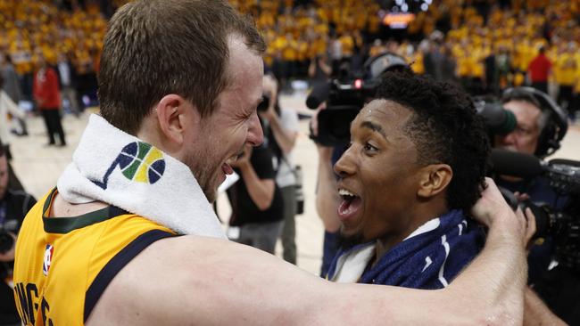 Aussie Joe Ingles and young Utah Jazz star Donovan Mitchell have forged a strong bond on and off the court. Picture: AAP