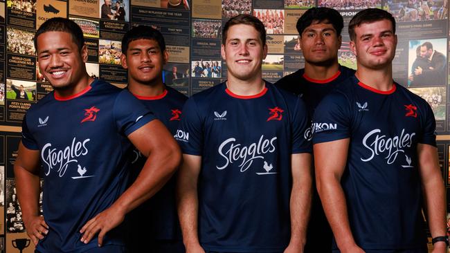 Sydney Roosters Academy players Loka Toia, Peter Uini, Jake Elliott, De La Salle Va'a and Blake Steep. Picture: Justin Lloyd