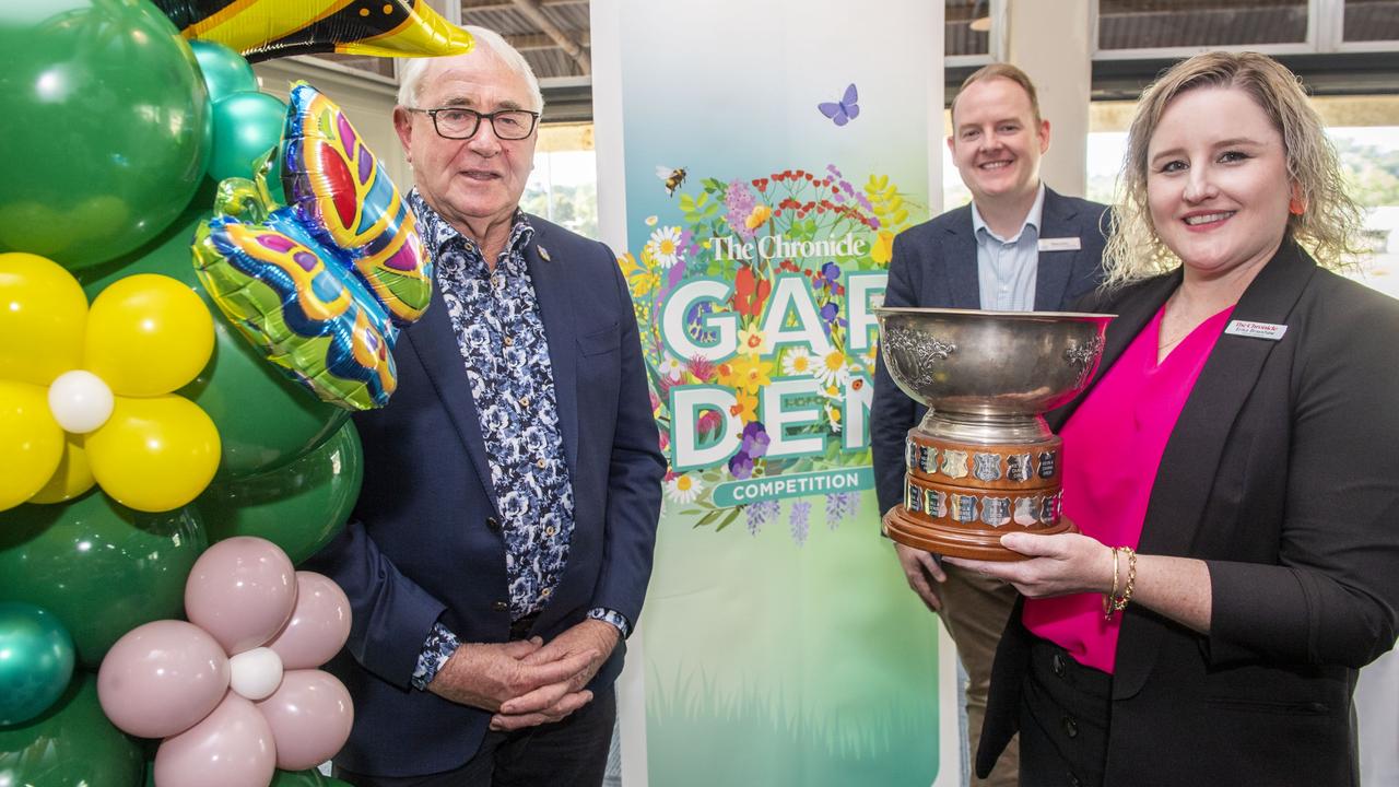 (from left) TRC Mayor Paul Antonio, Mr Shawn Walker, Pro Vice-Chancellor (Engagement), UniSQ and Chronicle general manager Erika Brayshaw. The Chronicle Garden Competition Launch at the Glenvale Room, Toowoomba Showgrounds. Thursday, April 20, 2023. Picture: Nev Madsen.