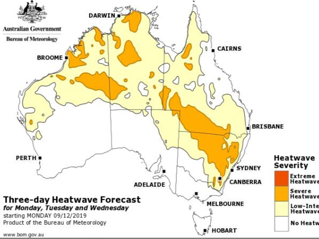 Heatwave conditions across Australia for the three-day period until Wednesday. Picture: BOM.