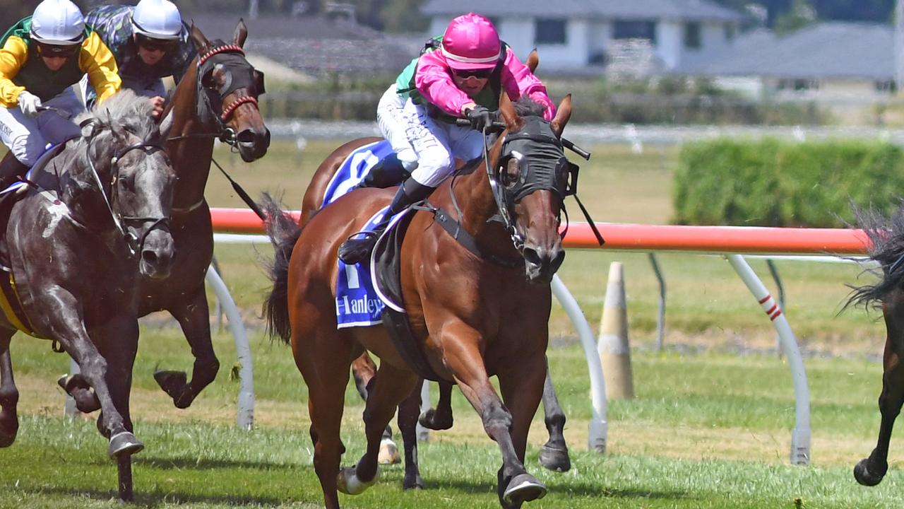 The Richard Collett-trained Super Strike winning the Group 3 Anniversary Stakes at Trentham. Picture: Trish Dunell