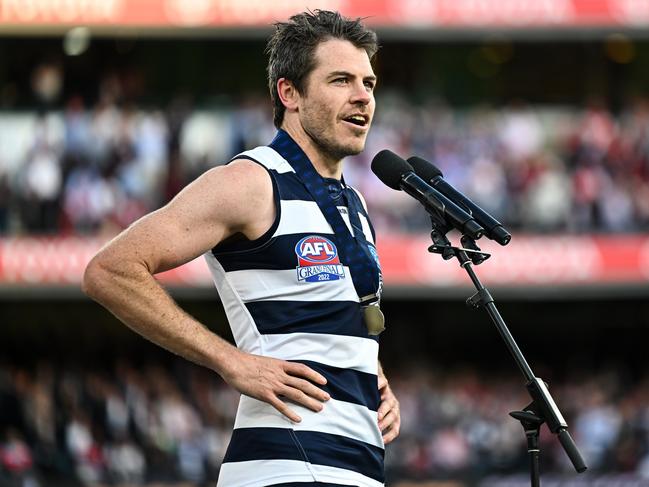 Isaac Smith paid tribute to his grandfather after he accepted his Norm Smith Medal. Picture: AFL Photos/Getty Images