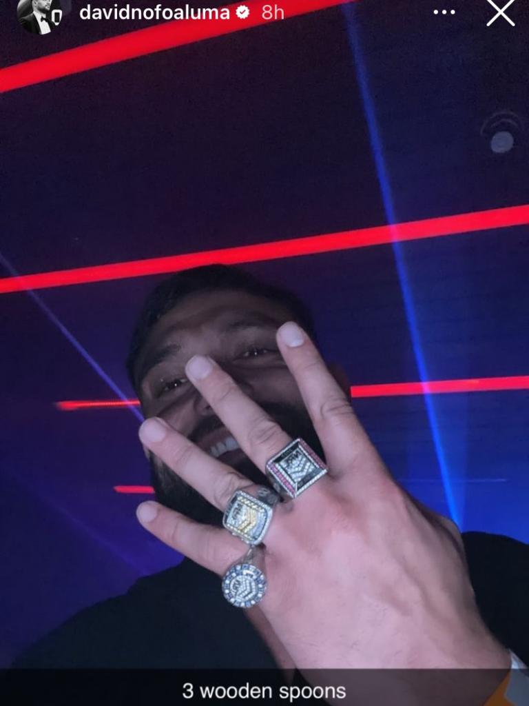 Former Wests Tigers winger David Nofoaluma sporting three NRL premiership rings on social media. Credit: Instagram.